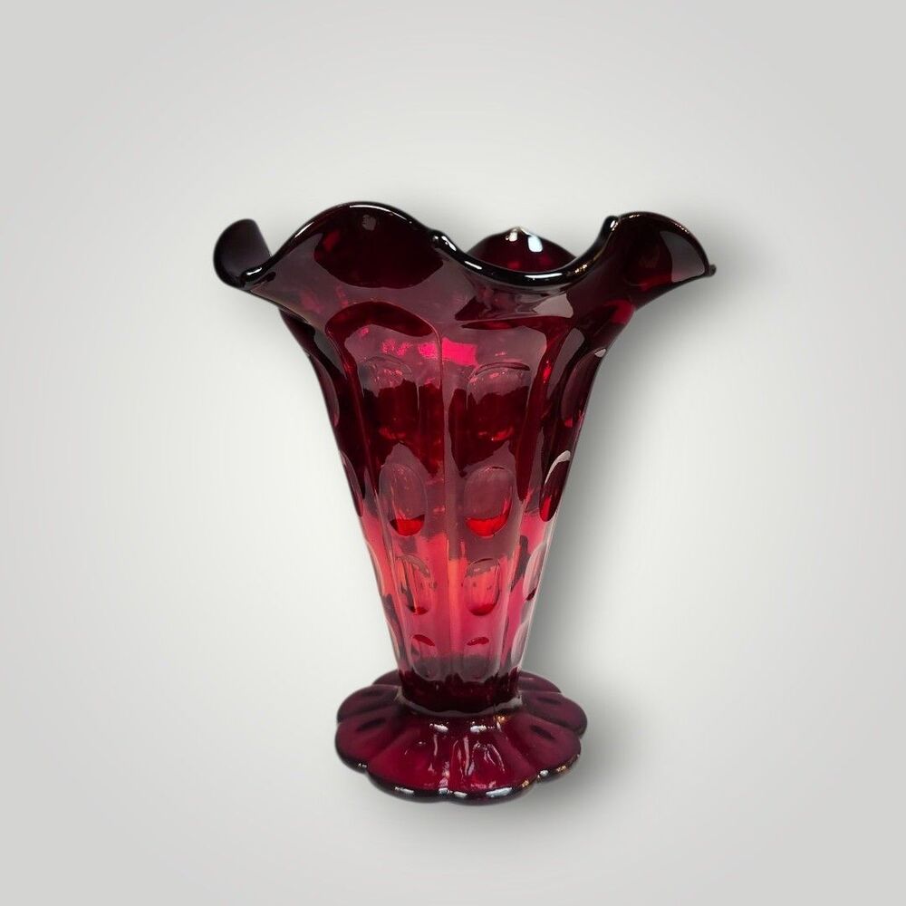 Vintage Fenton Ruby Red Thumbprint Footed Tulip Vase 6"